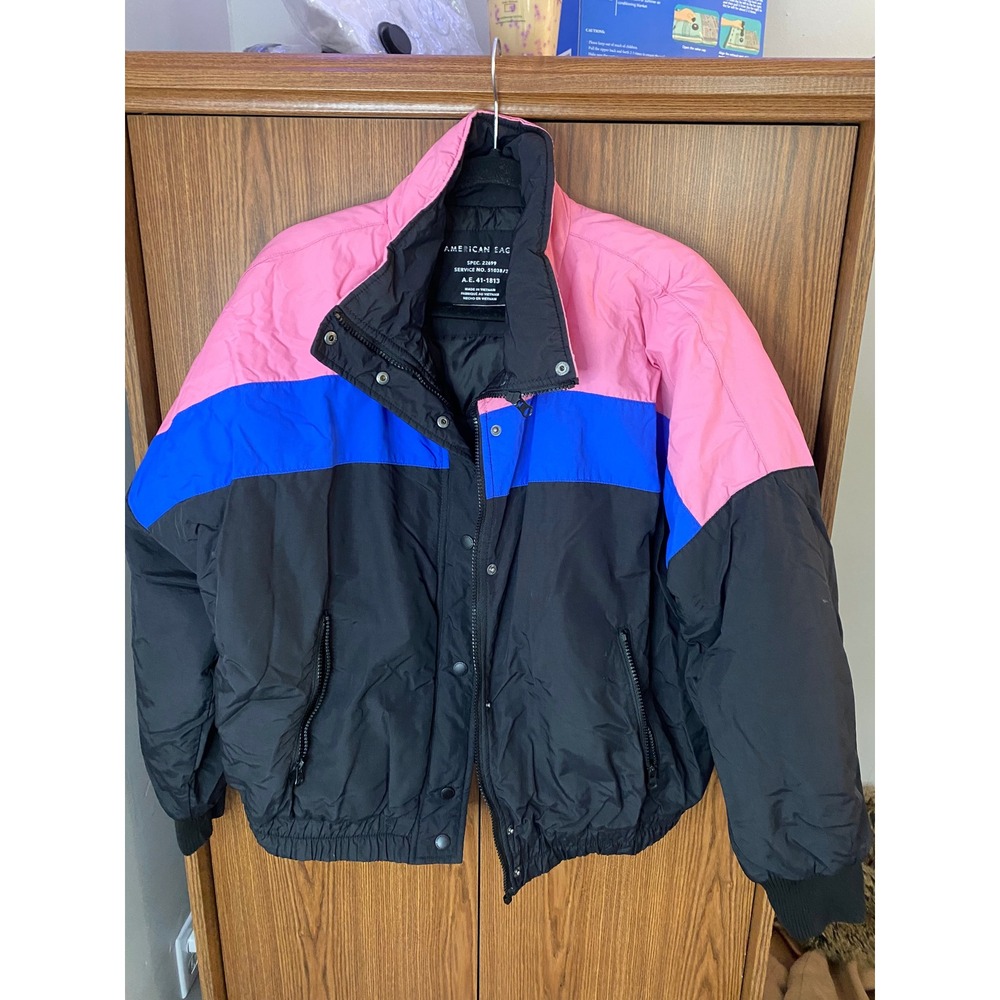 American Eagle Puffer Jacket Women Large Pink Blue Black Colorblock Retro 80s